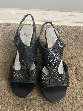 Impo Black Laser-Cut T-Strap Slingback Heels